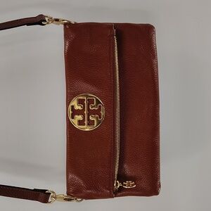 Tory Burch Crossbody Bag Fold Over Chestnut Clutch Convertible READ